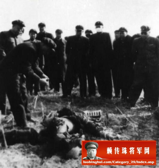 罗瑞卿、陈锡联、赖传珠在辽东查看间谍飞机残骸 